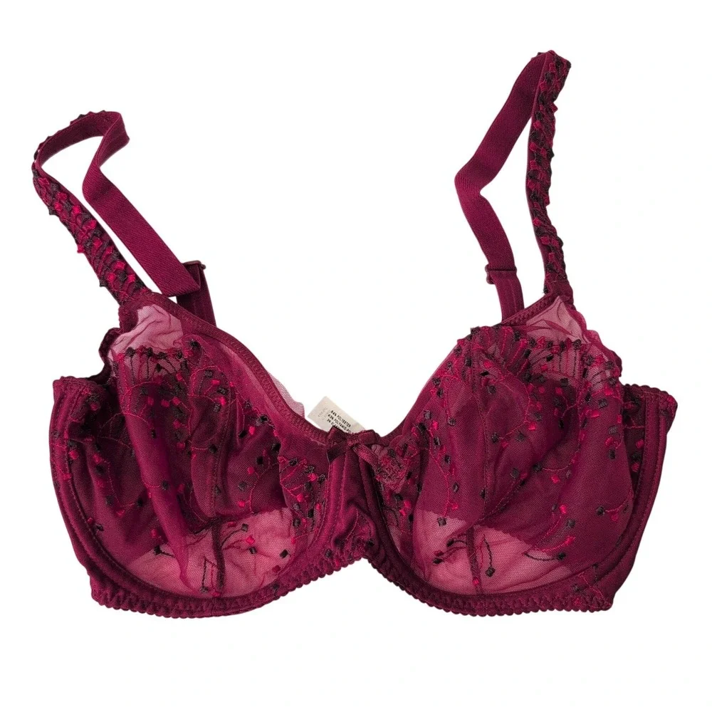 PrimaDonna Burgundy Floral Embroidered Sheer Mesh‎ No-Wire Bra 34F US UK 75F EU